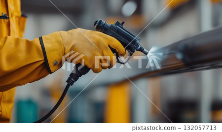 Industrial worker using paint spray gun in factory for metal coating Industrial worker using paint spray gun in factory for metal coating 132057713