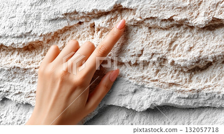 Female hand touching rough white stone texture surface close-up 132057718