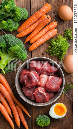 Fresh ingredients for cooking: raw meat, vegetables, and eggs on wooden table. Species-specific pet food concept 132057726