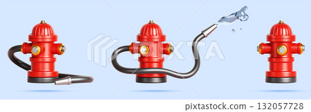Fire hydrant 3d icon with connected hose and flow of water. Fireplug, red column for city street. Cartoon render set of different firefighter equipment isolated on blue background. 3D illustration 132057728
