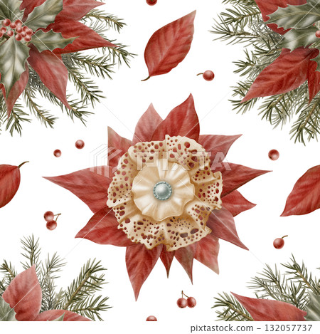 Vintage Christmas seamless pattern of red poinsettia flowers,holly leaves with berries, spruce branches lace bow brooch with silk insert in beige with pearl and beads on white background 132057737