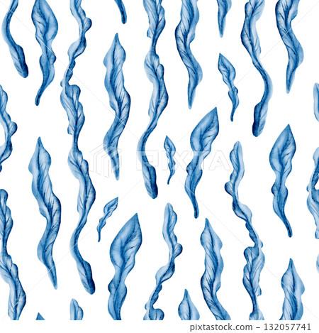 Stylized laminaria kelp sways in a serene blue underwater wild world in seamless pattern.Simple watercolor textures in monochrome create a peaceful marine ambiance,for oceanic designs,themed parties Stylized laminaria kelp sways in a serene blue underwater wild world in seamless pattern.Simple watercolor textures in monochrome create a peaceful marine ambiance,for oceanic designs,themed parties 132057741