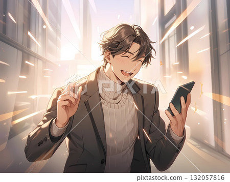 一位商人看著他的智慧型手機，開心地笑著 132057816