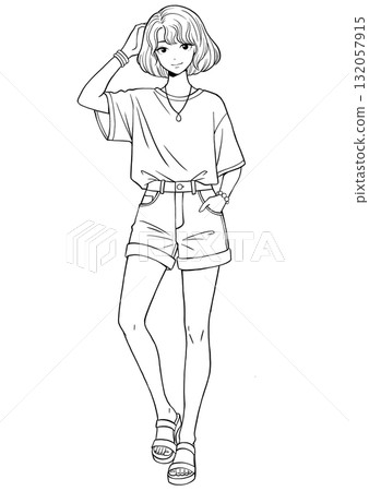 休閒時尚女性的線條畫 132057915