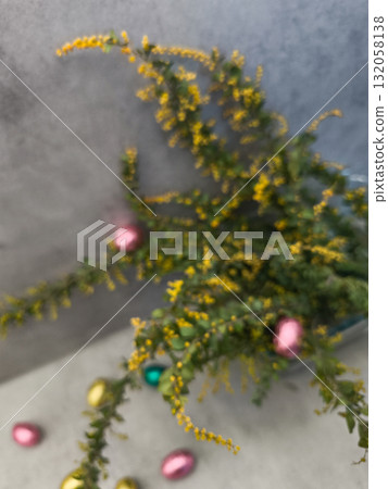 Mimosa branches and chocolate eggs celebrating orthodox easter in prague gray background Mimosa branches and chocolate eggs celebrating orthodox easter in prague gray background 132058138