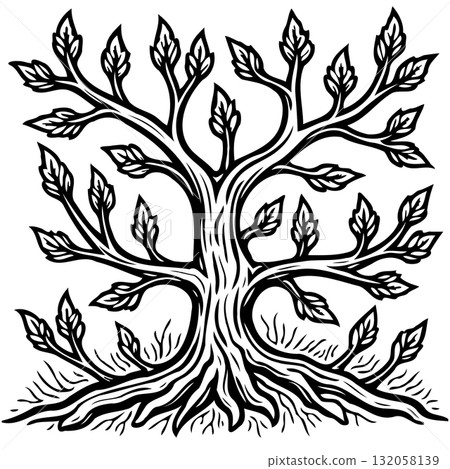 Stylized Tree of Life: Black and White Illustration with Intricate Details 132058139
