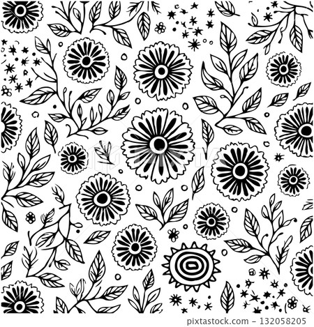 Floral Pattern with Hand-Drawn Flowers and Leaves, Decorative Seamless Design Floral Pattern with Hand-Drawn Flowers and Leaves, Decorative Seamless Design 132058205