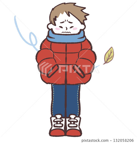 Illustration of a man feeling cold in the cold wind Illustration of a man feeling cold in the cold wind 132058206