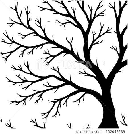 Monochrome silhouette of a tree with bare branches against a bright background 132058289