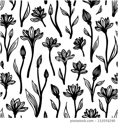 Elegant monochrome floral pattern with delicate flower and foliage illustrations 132058290