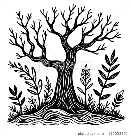 Monochrome Tree Illustration with Leafy Surrounds and Striking Line Detail, Woodcut Style Monochrome Tree Illustration with Leafy Surrounds and Striking Line Detail, Woodcut Style 132058291