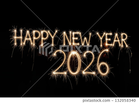 Happy New Year 2026 sparkler light painting lettering on black background glowing festive greeting text for celebration 132058340