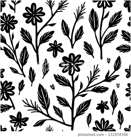 Elegant floral pattern in black and white, creating a minimalist botanical design 132058386