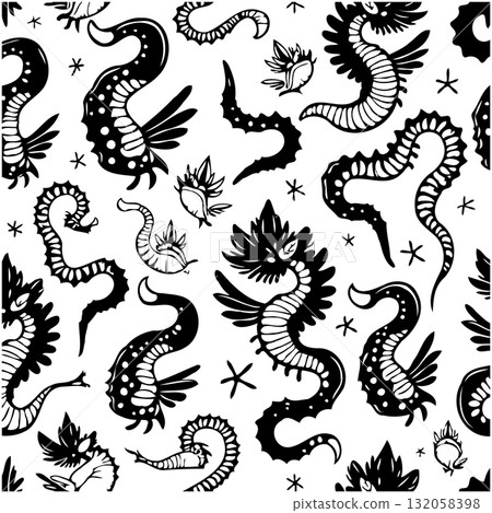 Monochrome seamless pattern of stylized dragons for textile and surface designs 132058398