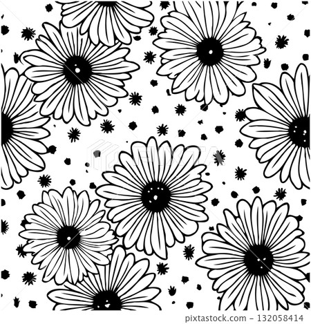 Elegant Daisy Floral Pattern: Black and White Illustration with Seamless Design 132058414