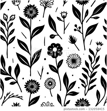 Seamless floral pattern with hand-drawn flowers and leaves, black and white design 132058415