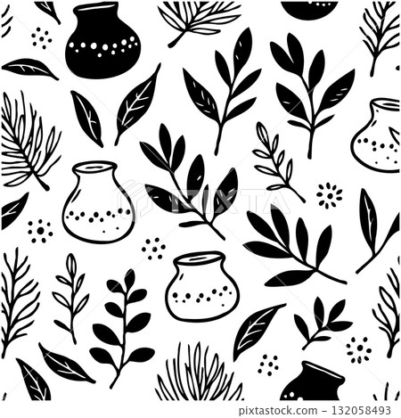 Seamless pattern featuring hand-drawn plants and vases in a minimalist style 132058493