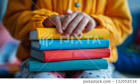 Child's hands holding colorful books. School and education illustration. 132058534