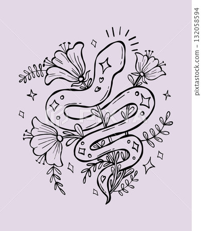 Outline Mystical snake with Flowers Plants. Textured Hand Drawn Doodle. Sketch kundalini for design, symbolizing magic and transformation. Vector Illustration. Not AI 132058594
