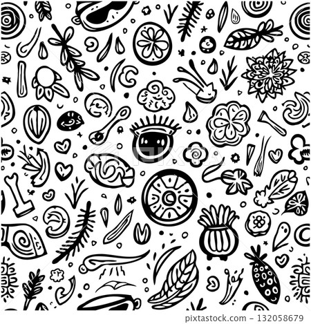 Whimsical Hand-Drawn Doodle Pattern: Organic Elements and Playful Design 132058679