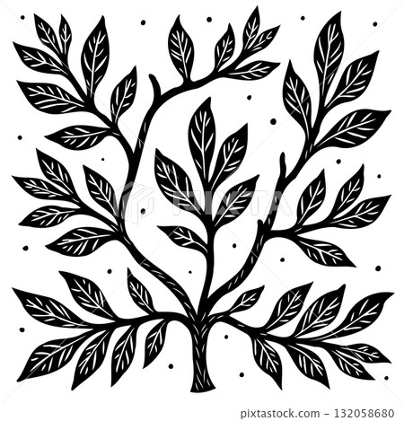 Abstract black and white botanical illustration featuring leafy branches and a minimalist style 132058680