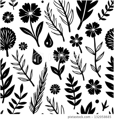 Monochrome Floral Pattern Design with Botanical Elements for Textile and Backgrounds 132058685