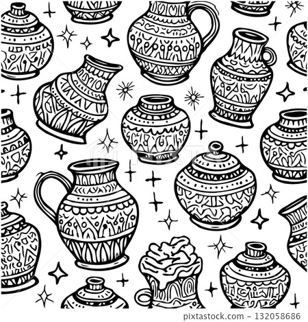 Hand-drawn seamless pattern featuring decorative vases with intricate ornaments and details 132058686