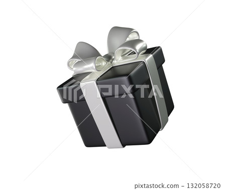 3D Black Gift Box with a white Ribbon and Bow. A stylized icon perfect for Black Friday, holiday, birthday, or Christmas. Ideal for greeting cards and promotional materials. 3D rendering  132058720