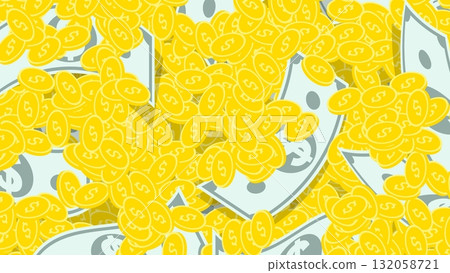 Pile of paper dollars and American gold coins mixed into one big pile. Backdrop for advertising of banking services. 3D vector background top view at an angle 132058721