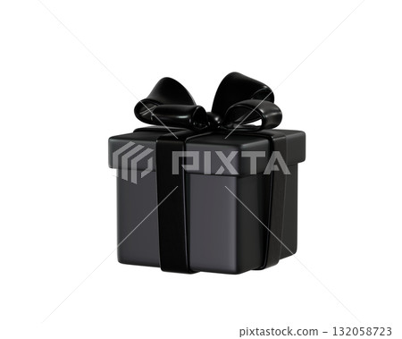 3D Black Gift Box with a Black Ribbon and Bow. A stylized icon perfect for Black Friday, holiday, birthday, or Christmas. Ideal for greeting cards and promotional materials. 3D rendering  3D Black Gift Box with a Black Ribbon and Bow. A stylized icon perfect for Black Friday, holiday, birthday, or Christmas. Ideal for greeting cards and promotional materials. 3D rendering  132058723