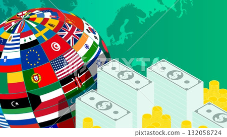 World largest financial countries on planet Earth against backdrop of continents of globe. Template for designing of advertising of the banking financial sector. Vector concept 132058724