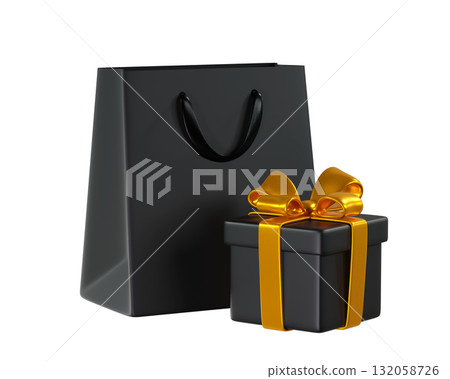 3D Black Shopping Bag and Black Gift Box with a Gold Ribbon and Bow. A stylized icon perfect for Black Friday, holiday, Birthday, or Christmas. 3D rendering  132058726