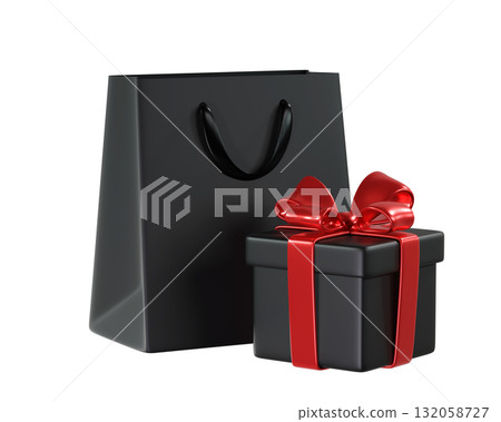 3D Black Shopping Bag and Black Gift Box with a Red Ribbon and Bow. A stylized icon perfect for Black Friday, holiday, Birthday, or Christmas. 3D rendering  132058727