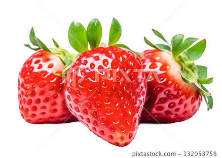 Fresh strawberries arranged together showcasing vibrant red color and lush green leaves, perfect for culinary presentations and healthy eating concepts. Isolated on transparent background. 132058758