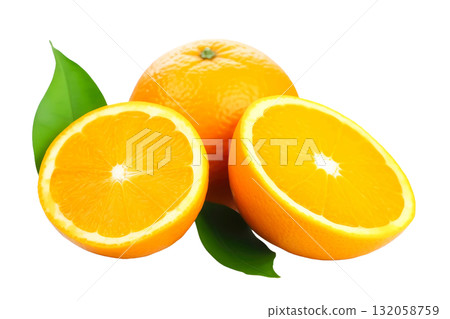 Fresh oranges with vibrant orange color, one whole and two halves, surrounded by green leaves, showcasing juicy texture and natural appeal. Isolated on transparent background. Fresh oranges with vibrant orange color, one whole and two halves, surrounded by green leaves, showcasing juicy texture and natural appeal. Isolated on transparent background. 132058759