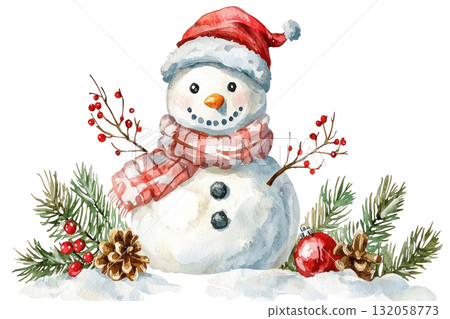 Watercolor illustration of a cheerful snowman wearing a red hat and scarf, surrounded by pine branches and festive decorations for winter holidays. Isolated on transparent background. Watercolor illustration of a cheerful snowman wearing a red hat and scarf, surrounded by pine branches and festive decorations for winter holidays. Isolated on transparent background. 132058773
