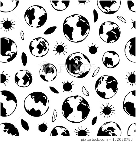 Monochrome Earth Pattern: Seamless Design Showcasing Global Connectivity and Environmental Awareness 132058793