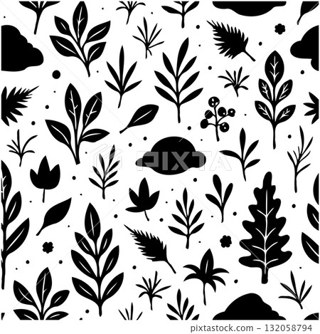 Seamless botanical pattern with leaves and plants in a minimalist style Seamless botanical pattern with leaves and plants in a minimalist style 132058794