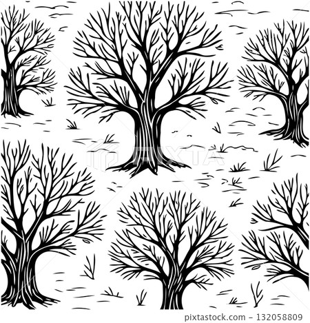 Monochrome forest illustration with bare trees against a patterned background 132058809