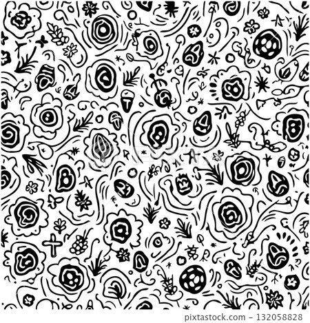 Whimsical Floral Doodle Pattern with Abstract Elements in Black and White Whimsical Floral Doodle Pattern with Abstract Elements in Black and White 132058828
