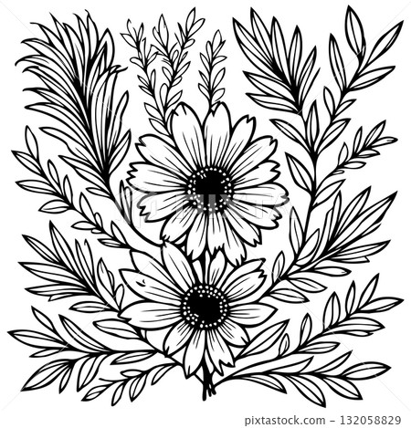 Black and white floral illustration featuring daisy blooms and foliage elements Black and white floral illustration featuring daisy blooms and foliage elements 132058829