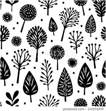 Whimsical woodland: a seamless pattern of illustrated plants in black and white 132058830
