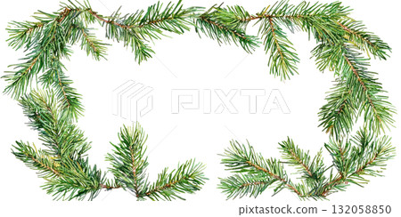 Green pine branches arranged in a decorative frame, showcasing natural textures and vibrant colors, perfect for seasonal designs and festive themes. Isolated on transparent background. 132058850
