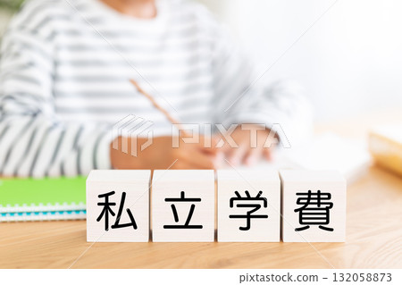 Private school tuition block and elementary school boy studying Private school tuition block and elementary school boy studying 132058873