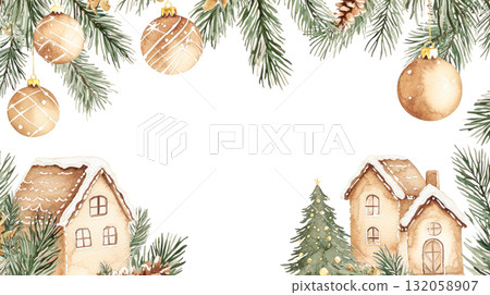 Watercolor illustration of festive winter scene with decorated houses, pine branches, and ornaments, creating a cozy holiday atmosphere with copy space. Isolated on transparent background. 132058907