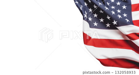 American flag waving gracefully in the wind, showcasing vibrant colors and intricate details, symbolizing patriotism and national pride. Isolated on transparent background. American flag waving gracefully in the wind, showcasing vibrant colors and intricate details, symbolizing patriotism and national pride. Isolated on transparent background. 132058933