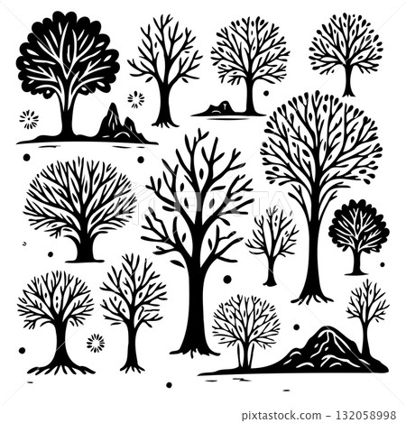 Black and white vector drawing of deciduous trees in various shapes and sizes Black and white vector drawing of deciduous trees in various shapes and sizes 132058998