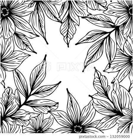 Floral frame illustration with intricate line work and blank central space 132059000