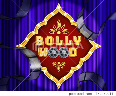 Bollywood composition blending signage film reels and stage curtains realistic style 132059011