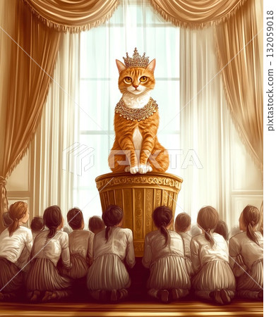 A regal cat seated on a golden pedestal gazes down at a group of girls during an enchanting storytelling session in a lavish room 132059018